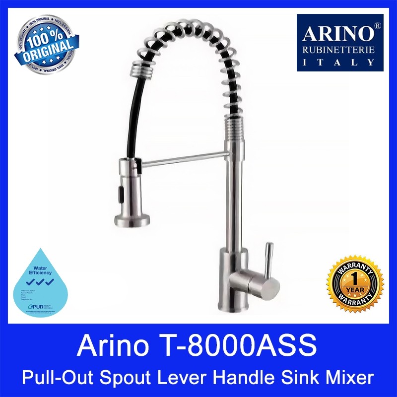 Arino T-8000ASS Pull-Out Spout Lever Handle Sink Mixer. Stainless Steel 304. Satin, Matt Black & Gun Metal Finishing.