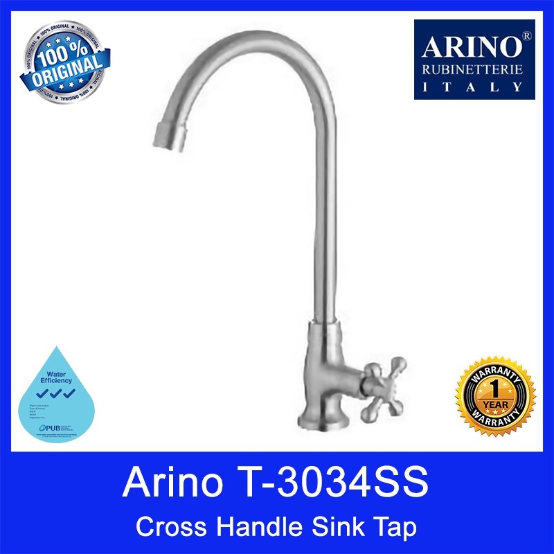 Arino T-3034SS Cross Handle Sink Tap. Stainless Steel 304. Satin Finishing. 318H*180Lmm. WELS: 3 Ticks. 1 Year Warranty.