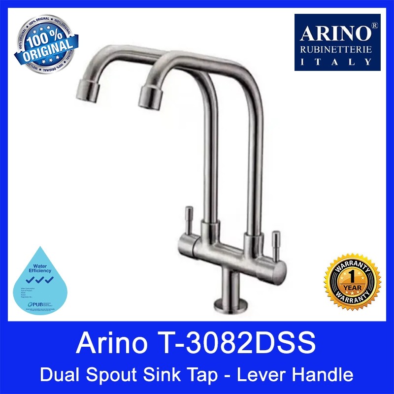 Arino T-3082DSS Dual Spout Sink Tap - Lever Handle. Stainless Steel 304. Satin Finishing. 289H*175Lmm. WELS: 3 Ticks.