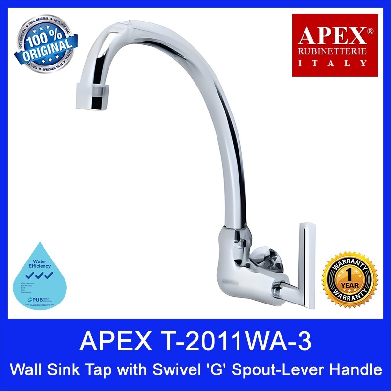 APEX T-2011WA-3 Wall Sink Tap with Swivel 'G' Spout-Lever Handle. L225 x W80 x H250mm. WELS: 3 Ticks.1 Year Warranty.
