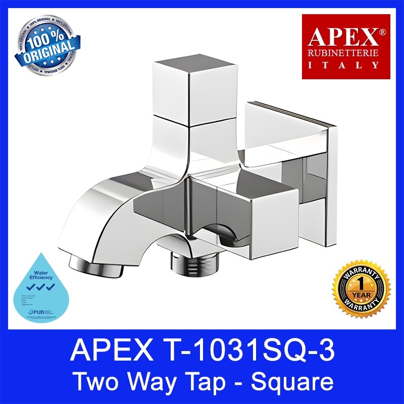 APEX T-1031SQ-3 Two Way Tap - Square. Finish: Brass Chrome or Black Coating. 3 Tick WELS. Local SG Stock. 1 Yr Warranty