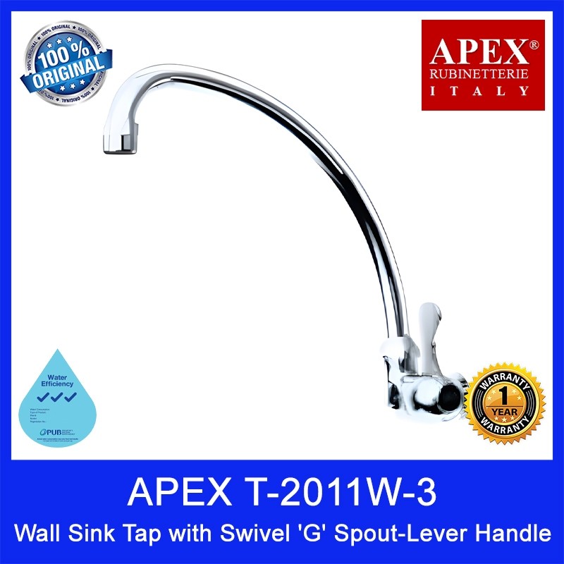 APEX T-2011W-3 Wall Sink Tap with Swivel 'G' Spout-Lever Handle. L260 x W80 x H230mm. WELS: 3 Ticks. 1 Year Warranty
