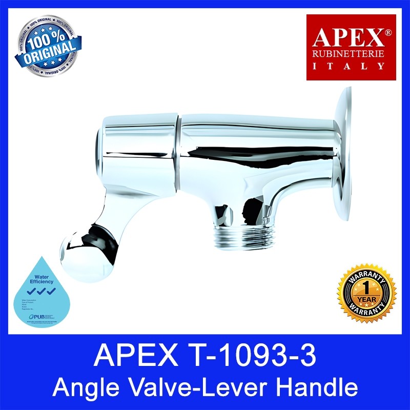APEX T-1093-3 Angle Valve-Lever Handle. L95 x W30 x H55mm. WELS: 3 Ticks. 1 Year Warranty. Local SG Stock