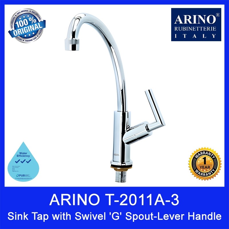 ARINO T-2011B-3 Sink Tap with Swivel 'G' Spout-Lever Handle. L220 x W30 x H330mm. WELS: 3 Ticks. 1 Year Warranty