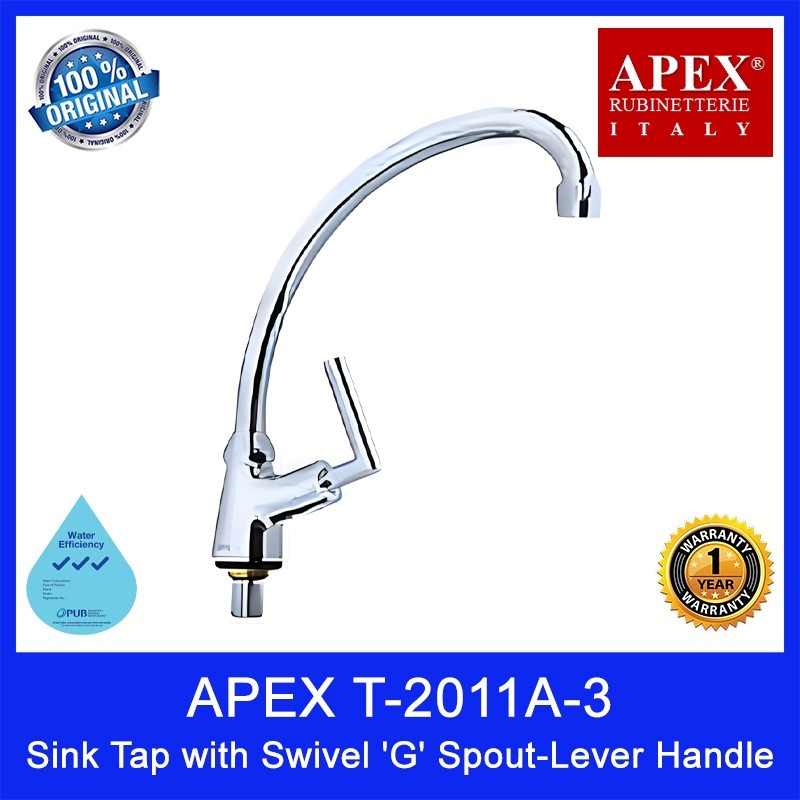 APEX T-2011A-3 Sink Tap with Swivel 'G' Spout-Lever Handle. L230 x W45 x H330mm. WELS: 3 Ticks. Local SG Stock