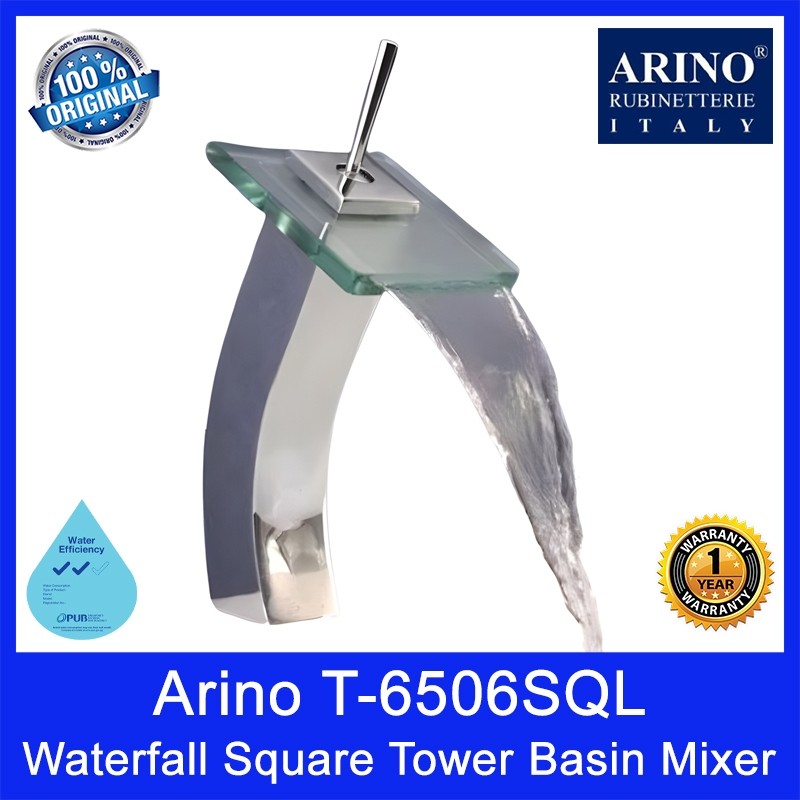 ARINO Waterfall Square Tower Basin Mixer with Transparent Glass T-6506SQL | WELS: 2 Ticks