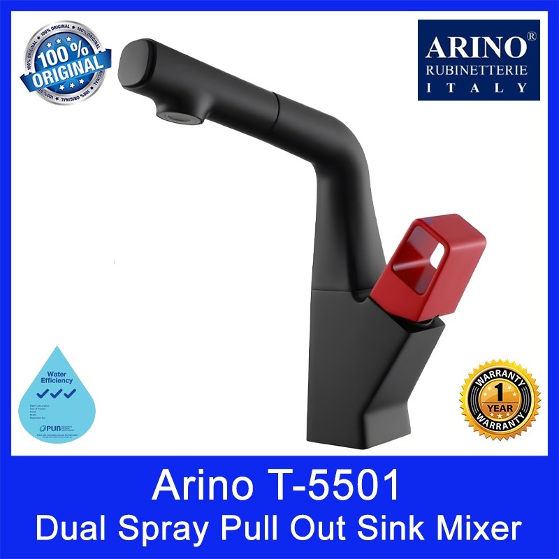 Arino Dual Spray Pull Out Sink Mixer | T-5501 | Hot and Cold | Brass Material | Matt Black Finish | 3 Knob Colours