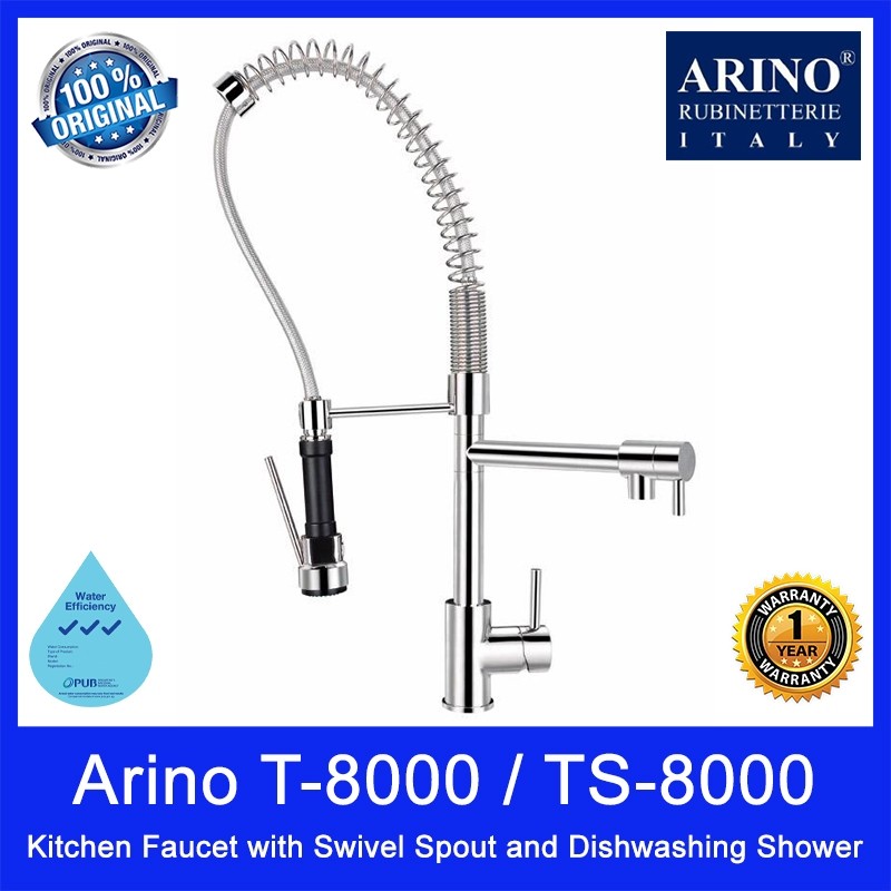 Arino Kitchen Faucet with Swivel Spout and Dishwashing Shower | T-8000 / TS-8000 | Brass | Chrome or Satin Finish