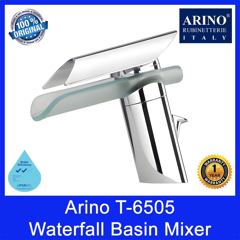 ARINO Waterfall Basin Mixer with Transparent Glass T-6505 | WELS: 2 Ticks | Registration no. BST-2011/008211