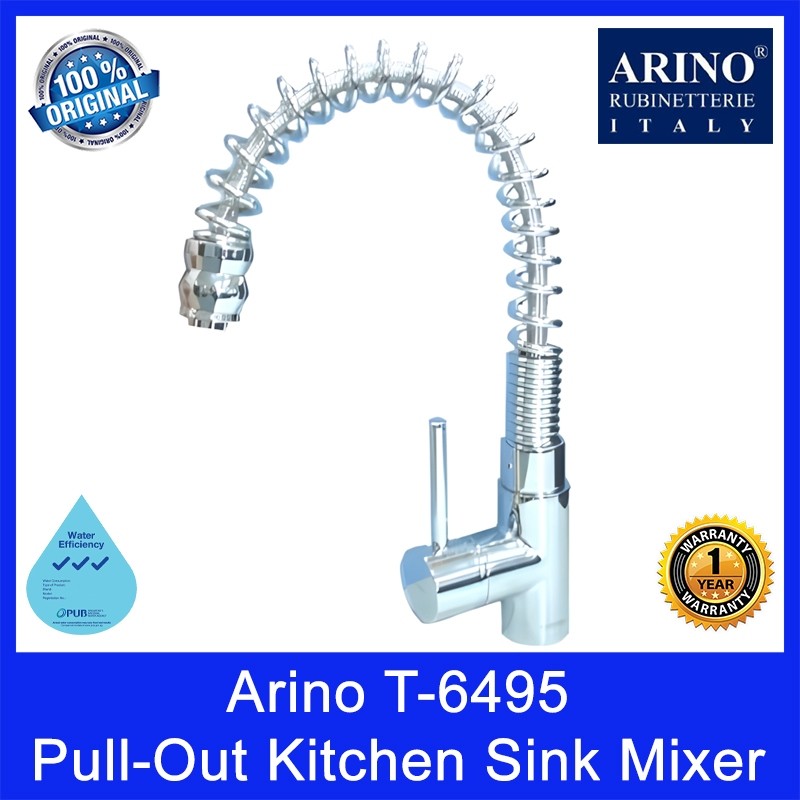 Arino Pull-Out Kitchen Sink Mixer | T-6495 | Brass Material | Chrome Finish | 3 Tick WELS Rating | 1 Year Warranty.