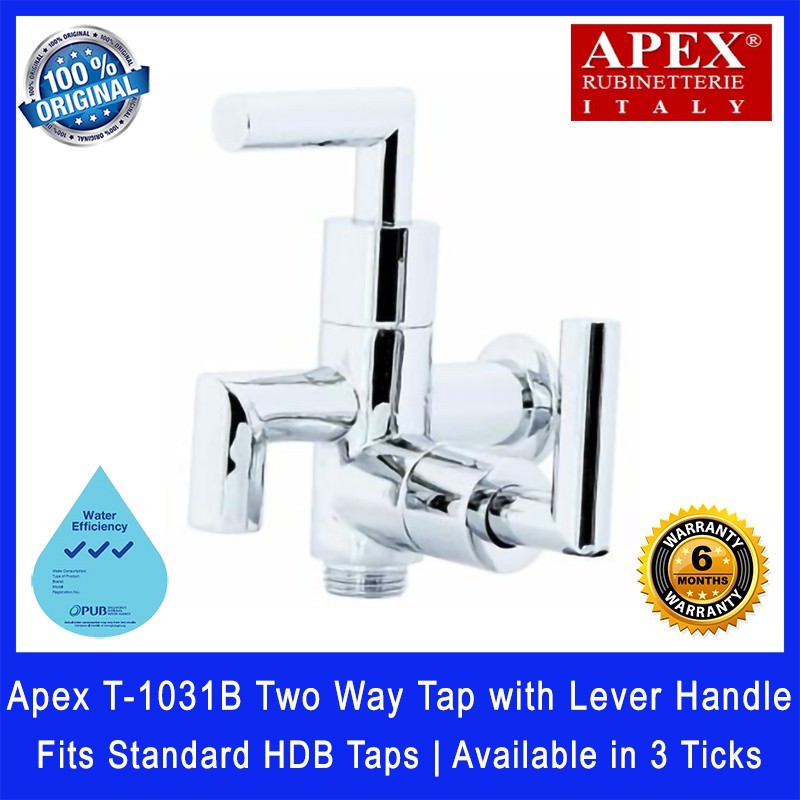 Apex T-1031B Two Way Tap with Lever Handle. Fits most HDB taps of 1/2 inch. Dimensions (L x W x H): 115 x 100 x 120 mm.
