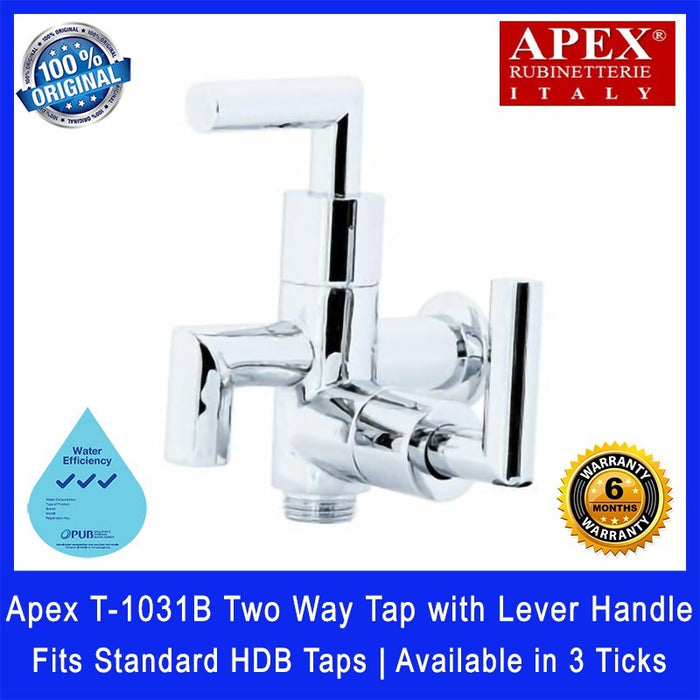 Apex T-1031B Two Way Tap with Lever Handle. Fits most HDB taps of 1/2 inch. Dimensions (L x W x H): 115 x 100 x 120 mm.