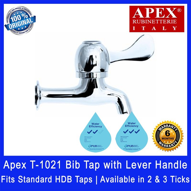 Apex T-1021 Bib Tap with Lever Handle. Fits most HDB taps of 1/2 inch. Dimensions (L x W x H): 130 x 35 x 85 mm.