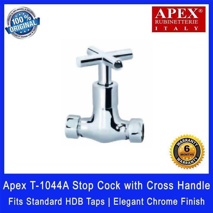 Apex T-1044A Stop Cock with Cross Handle. Fits most HDB taps of 1/2 inch. Dimensions (L x W x H): 80 x 65 x 100 mm.