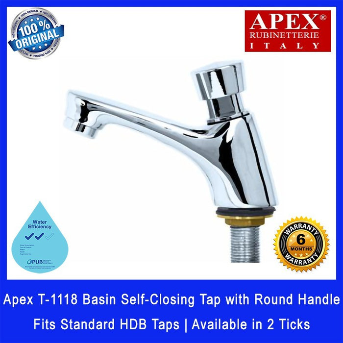 Apex T-1118 Basin Self-Closing Tap with Round Handle. Fits most HDB taps of 1/2 inch. Dimensions (LxWxH): 140x40x100mm