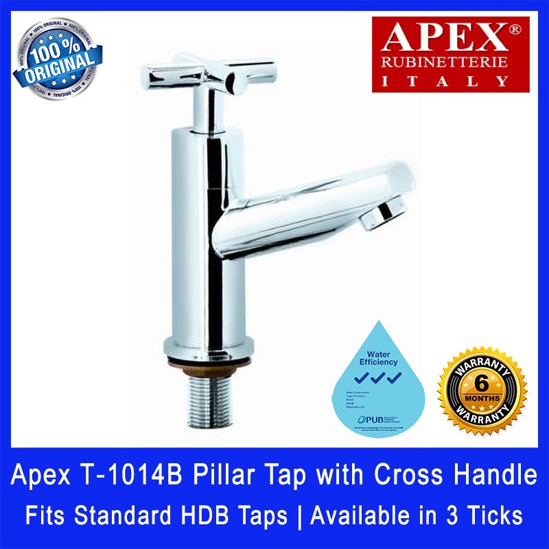 Apex T-1014B Pillar Tap with Cross Handle. Fits most HDB taps of 1/2 inch. Dimensions (L x W x H): 130 x 65 x 185 mm