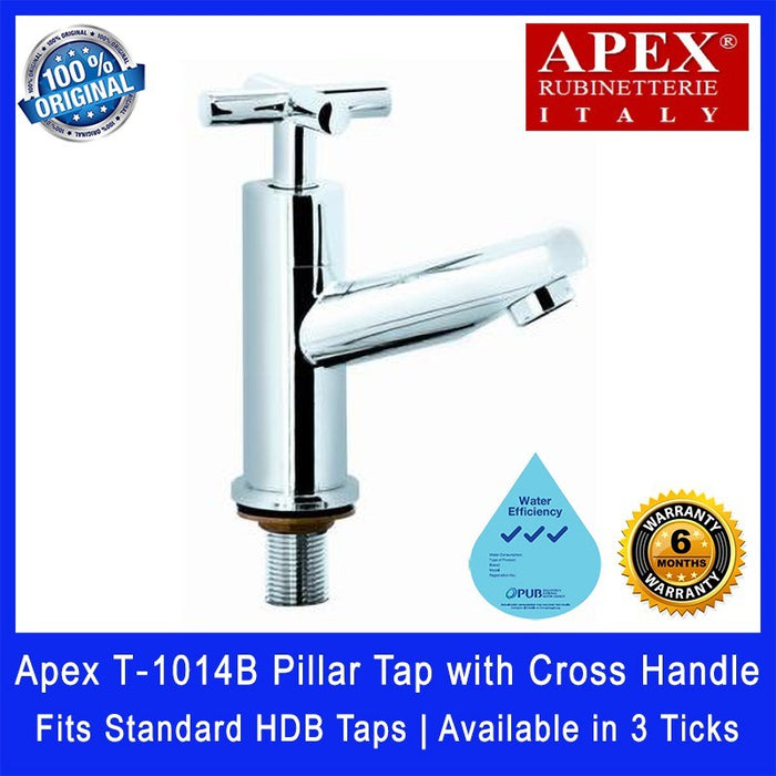 Apex T-1014B Pillar Tap with Cross Handle. Fits most HDB taps of 1/2 inch. Dimensions (L x W x H): 130 x 65 x 185 mm
