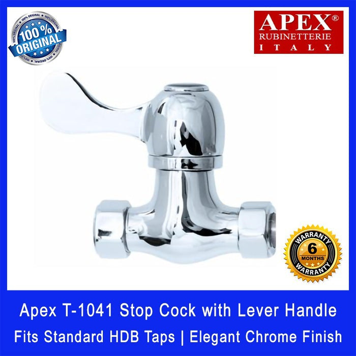 Apex T-1041 Stop Cock with Lever Handle. Fits most HDB taps of 1/2 inch. Dimensions (L x W x H): 105 x 35 x 80 mm.