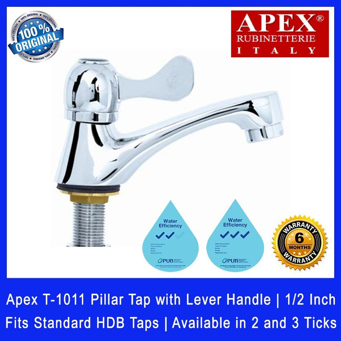 Apex T-1011 Pillar Water Tap With Lever Handle. Fits most HDB taps of 1/2 inch. Dimension (L x W x H): 140 x 50 x 80mm.