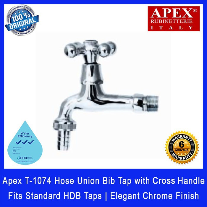 Apex T-1074 Hose Union Bib Tap with Cross Handle. Fits most HDB taps of 1/2 inch. Dimensions (L x W x H): 110x70x140mm