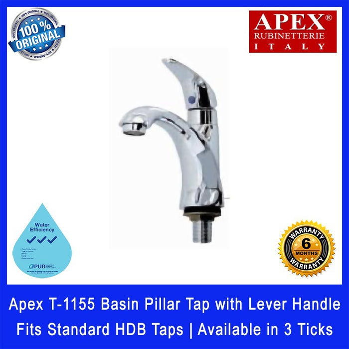 Apex T-1155 Basin Pillar Tap with Lever Handle. Fits most HDB taps of 1/2 inch. Dimensions (L x W x H): 150x65x200 mm