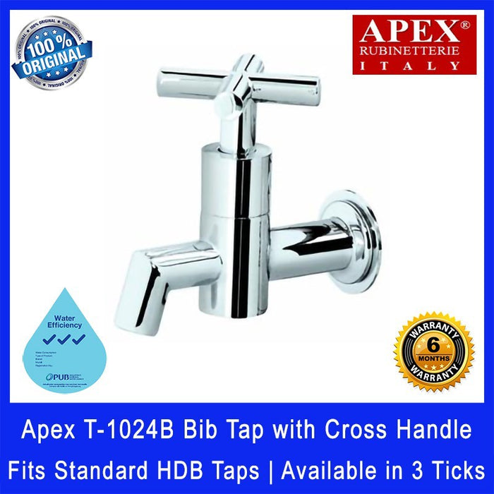 Apex T-1024B Bib Tap with Cross Handle. Fits most HDB taps of 1/2 inch. Dimensions (L x W x H): 130 x 65 x 100 mm.