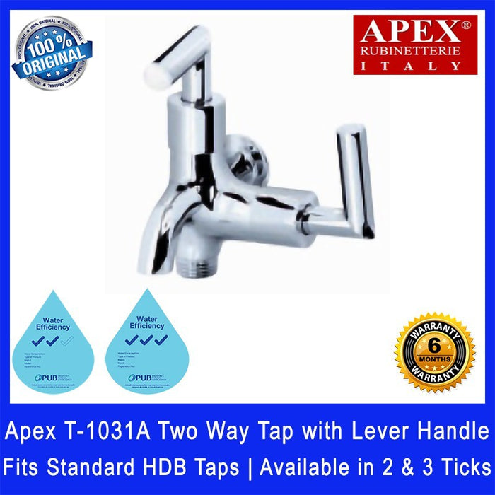 Apex T-1031A Two Way Tap with Lever Handle. Fits most HDB taps of 1/2 inch. Dimensions (L x W x H): 110 x 80 x 105 mm.