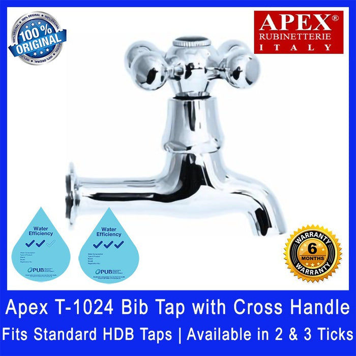 Apex T-1024 Bib Tap with Cross Handle. Fits most HDB taps of 1/2 inch. Dimensions (L x W x H): 100 x 70 x 95 mm.