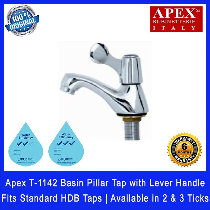 Apex T-1142 Basin Pillar Tap with Lever Handle. Fits most HDB taps of 1/2 inch. Dimensions (L x W x H): 110 x 42 x 90 mm
