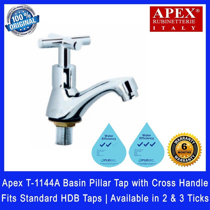 Apex T-1144A Basin Pillar Tap with Cross Handle. Fits most HDB taps of 1/2 inch. Dimensions (L x W x H): 115x65x140mm