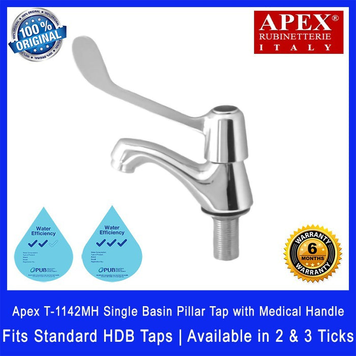 Apex T-1142MH Single Basin Pillar Tap with Medical Handle. Fits most HDB taps of 1/2 inch.