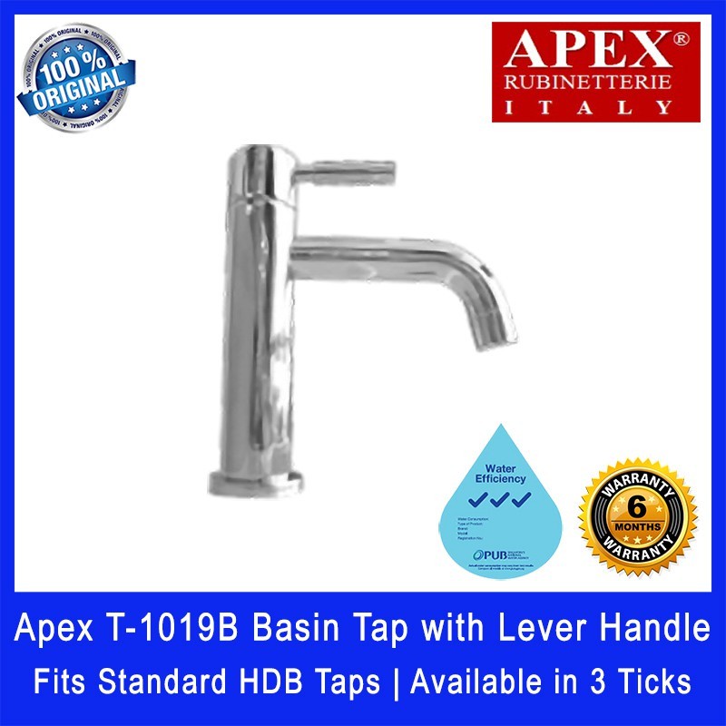 Apex T-1019B Basin Tap with Lever Handle. Fits most HDB taps of 1/2 inch. Dimensions (L x W x H): 145 x 50 x 155 mm.