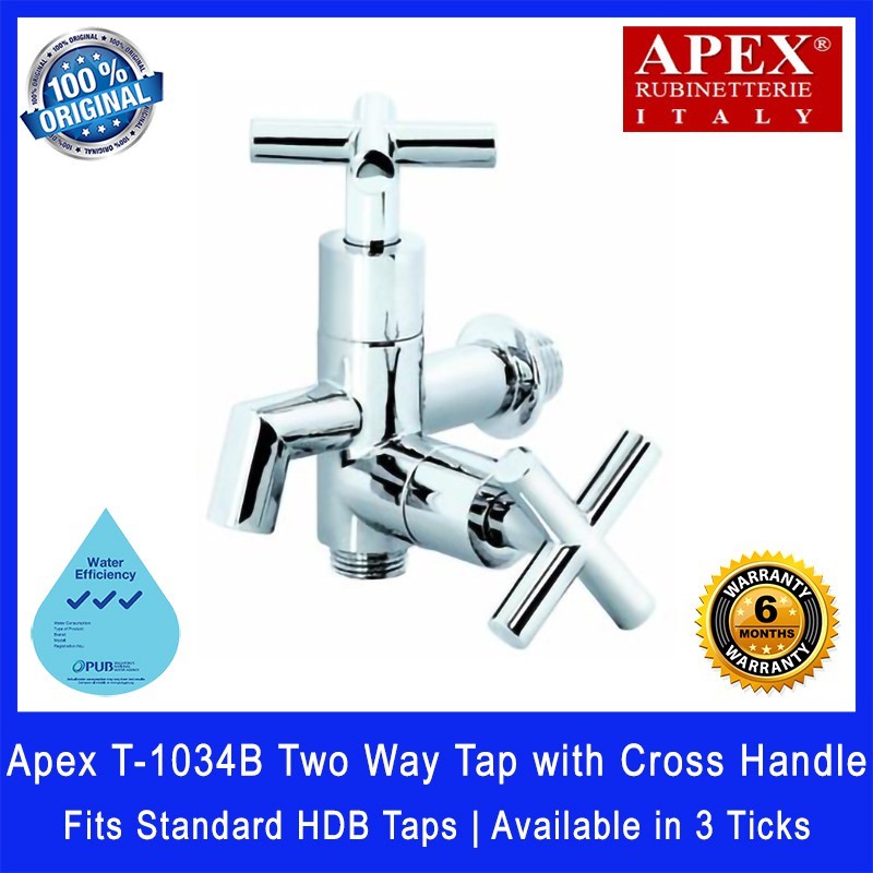 Apex T-1034B Two Way Tap with Cross Handle. Fits most HDB taps of 1/2 inch. Dimensions (L x W x H): 120 x 120 x 120 mm.