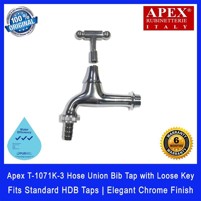 Apex T-1071K-3 Hose Union Bib Tap with Loose Key. Fits most HDB taps of 1/2 inch. Dimensions (L x W x H): 92x18x152 mm.