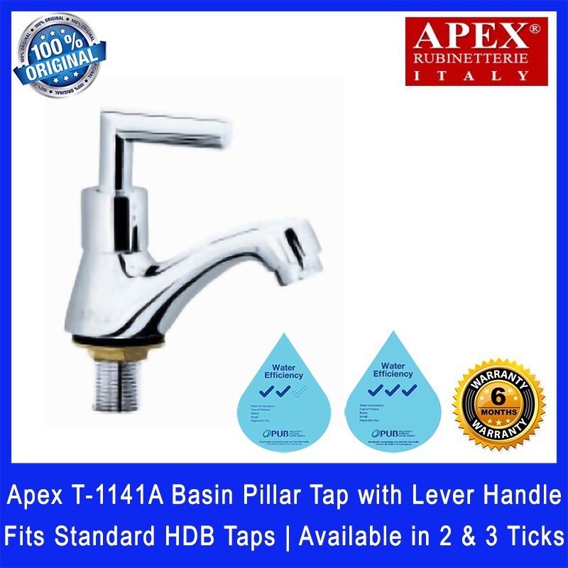 Apex T-1141A Basin Pillar Tap with Lever Handle. Fits most HDB taps of 1/2 inch. Dimensions (L x W x H): 120x40x140mm