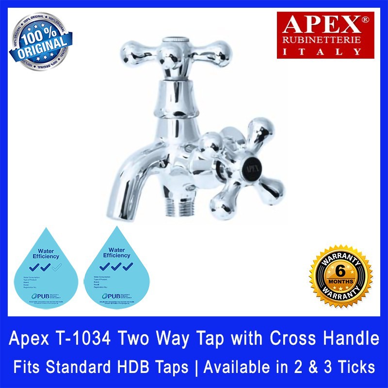 Apex T-1034 Two Way Tap with Cross Handle. Fits most HDB taps of 1/2 inch. Dimensions (L x W x H): 110 x 120 x 115 mm.