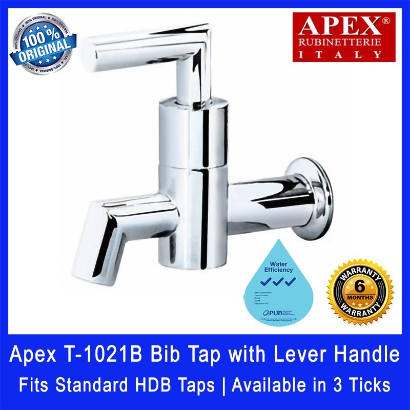 Apex T-1021B Bib Tap with Lever Handle. Fits most HDB taps of 1/2 inch. Dimensions (L x W x H): 130 x 30 x 100 mm.