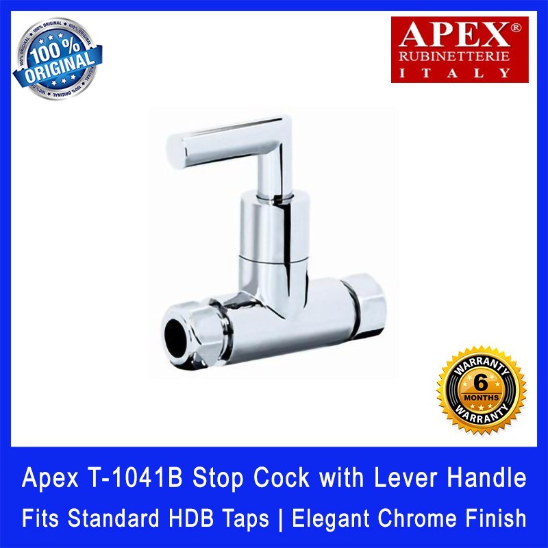 Apex T-1041B Stop Cock with Lever Handle. Fits most HDB taps of 1/2 inch. Dimensions (L x W x H): 95 x 30 x 105 mm.