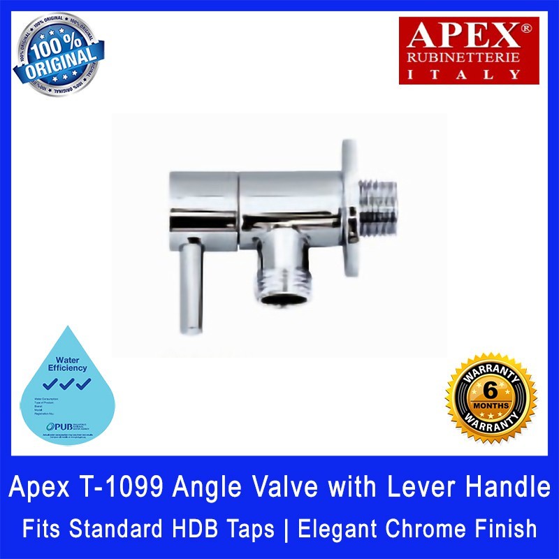Apex T-1099 Angle Valve with Lever Handle. Fits most HDB taps of 1/2 inch. Dimensions (L x W x H): 50 x 30 x 80 mm.