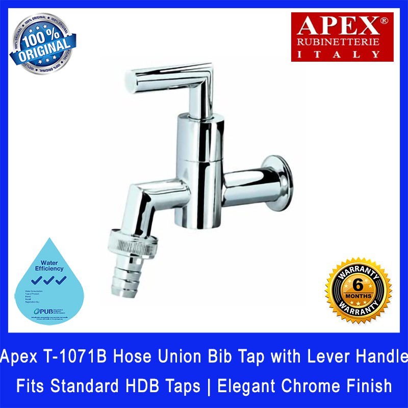 Apex T-1071B Hose Union Bib Tap with Lever Handle. Fits most HDB taps of 1/2 inch. Dimensions (L x W x H): 135x30x100mm.