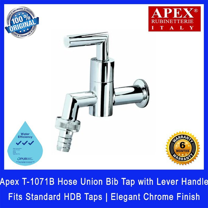 Apex T-1071B Hose Union Bib Tap with Lever Handle. Fits most HDB taps of 1/2 inch. Dimensions (L x W x H): 135x30x100mm.