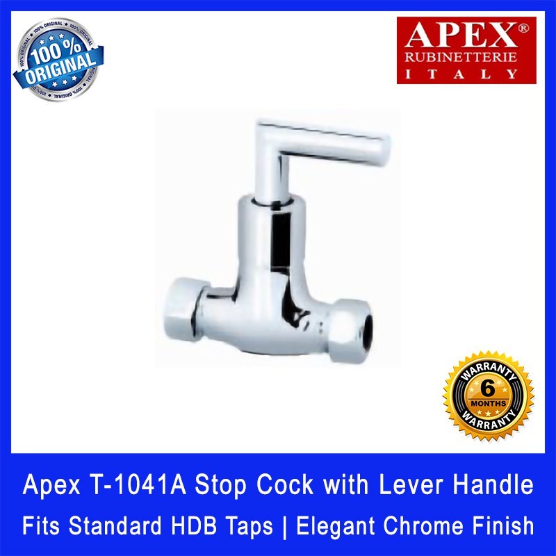 Apex T-1041A Stop Cock with Lever Handle. Fits most HDB taps of 1/2 inch. Dimensions (L x W x H): 80 x 30 x 100 mm.