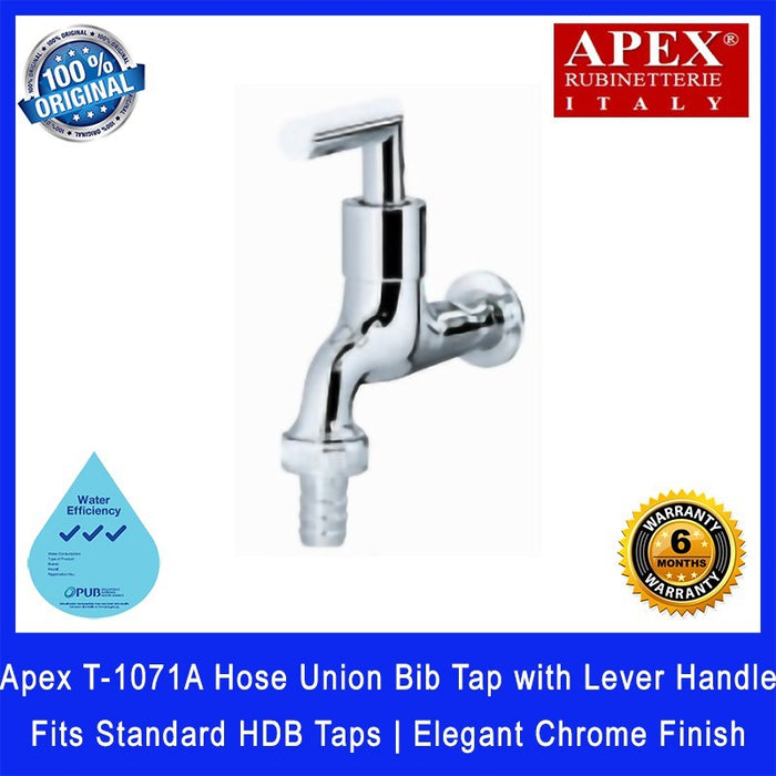 Apex T-1071A Hose Union Bib Tap with Lever Handle. Fits most HDB taps of 1/2 inch. Dimensions (LxWxH): 125 x 30 x 140 mm