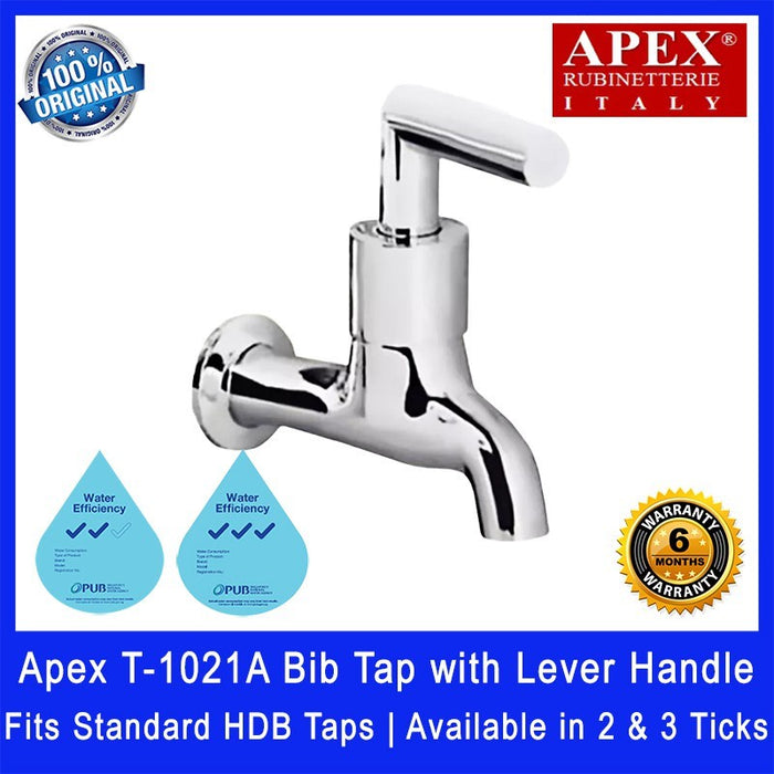 Apex T-1021A Bib Tap with Lever Handle. Fits most HDB taps of 1/2 inch. Dimensions (L x W x H): 115 x 30 x 100 mm.