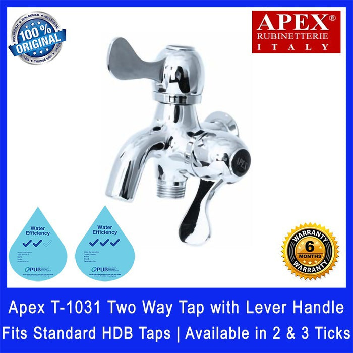 Apex T-1031 Two Way Tap with Lever Handle. Fits most HDB taps of 1/2 inch. Dimensions (L x W x H): 110 x 80 x 105 mm.