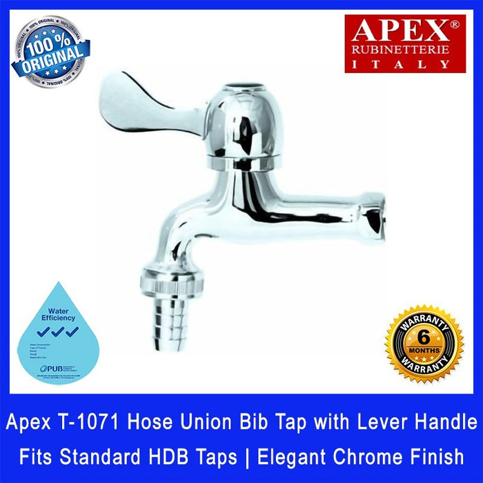 Apex T-1071 Hose Union Bib Tap with Lever Handle. Fits most HDB taps of 1/2 inch. Dimensions (L x W x H): 130x35x125 mm.