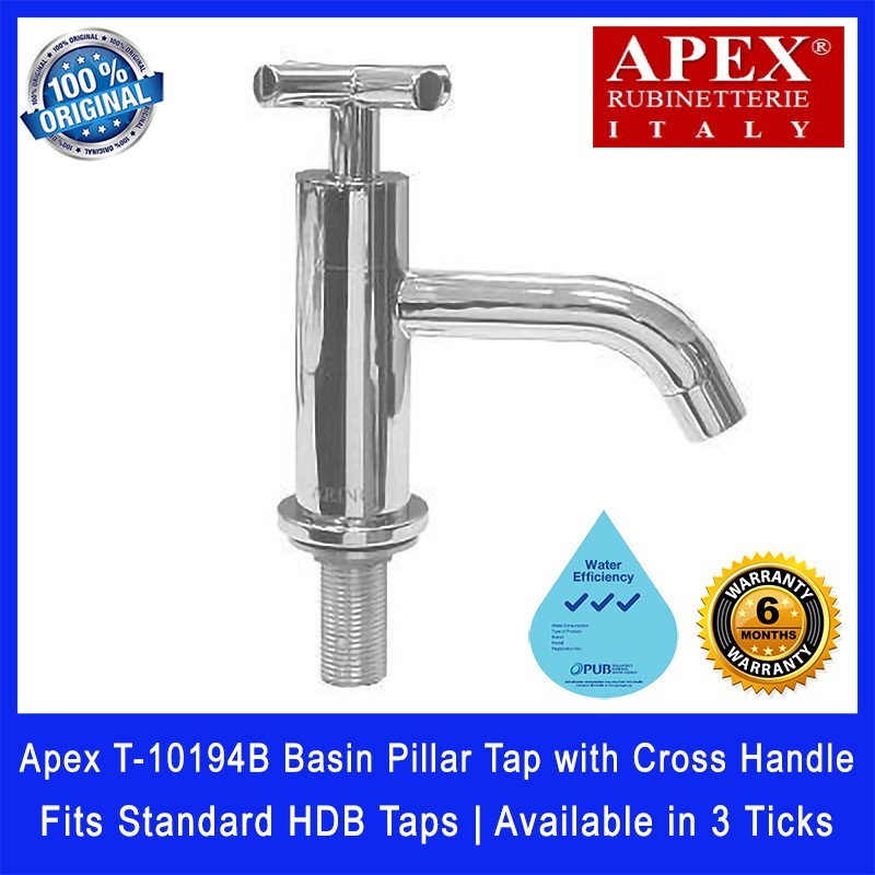 Apex T-10194B Basin Pillar Tap with Cross Handle. Fits most HDB taps of 1/2 inch.
