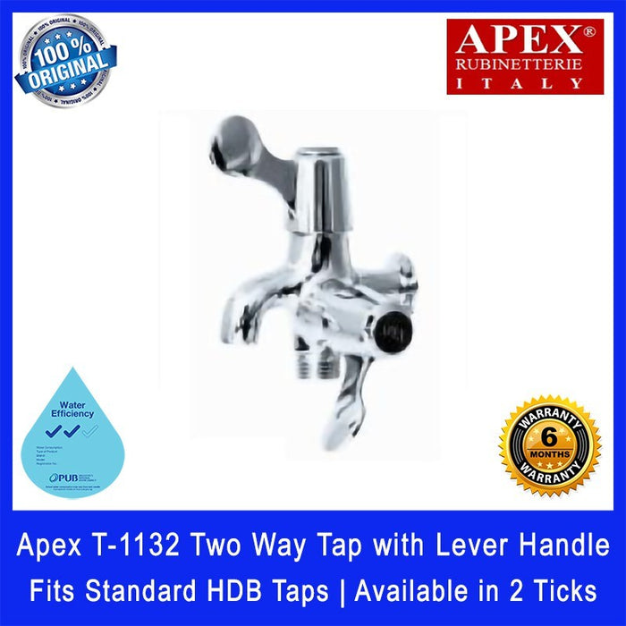 Apex T-1132 Two Way Tap with Lever Handle. Fits most HDB taps of 1/2 inch. Dimensions (L x W x H): 120 x 100 x 95 mm.