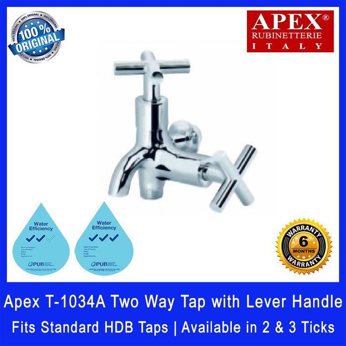 Apex T-1034A Two Way Tap with Lever Handle. Fits most HDB taps of 1/2 inch. Dimensions (L x W x H): 110 x 80 x 105 mm.
