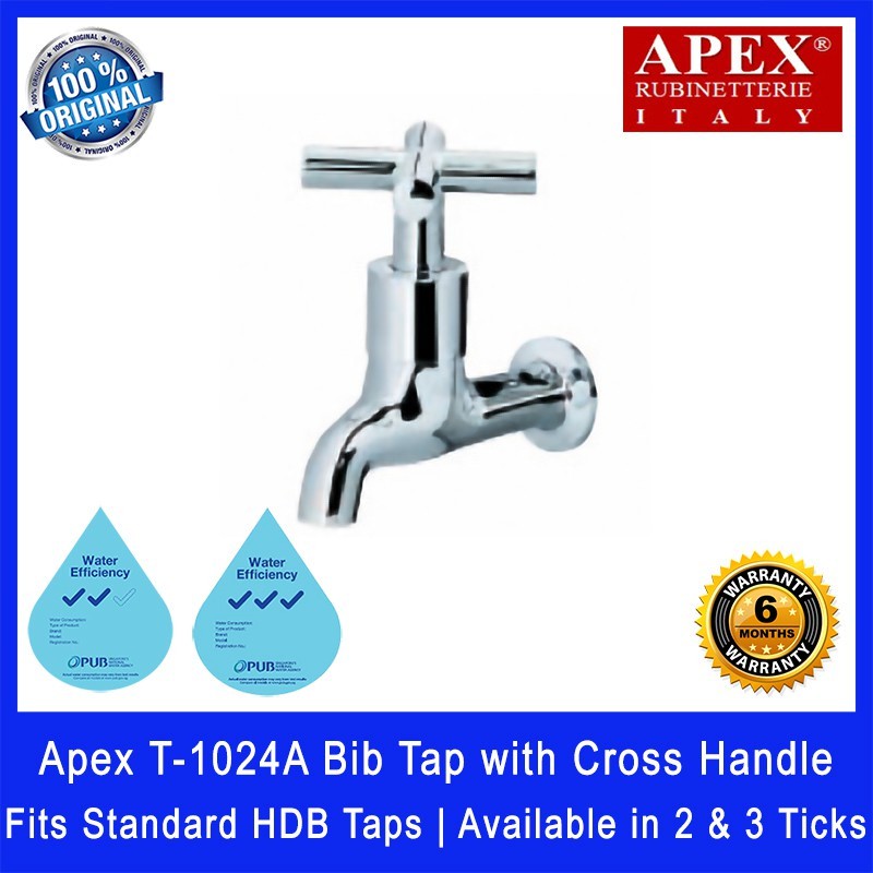 Apex T-1024A Bib Tap with Cross Handle. Fits most HDB taps of 1/2 inch. Dimensions (L x W x H): 115 x 65 x 100 mm.